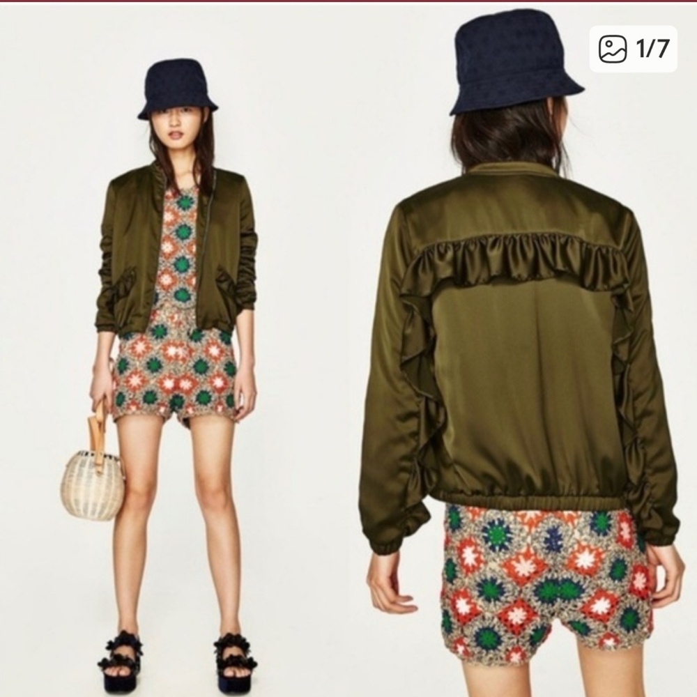 Zara TRF  Bomber Jacket SATIN RUFFLE Olive Green Full Zip Women Sz M Like New